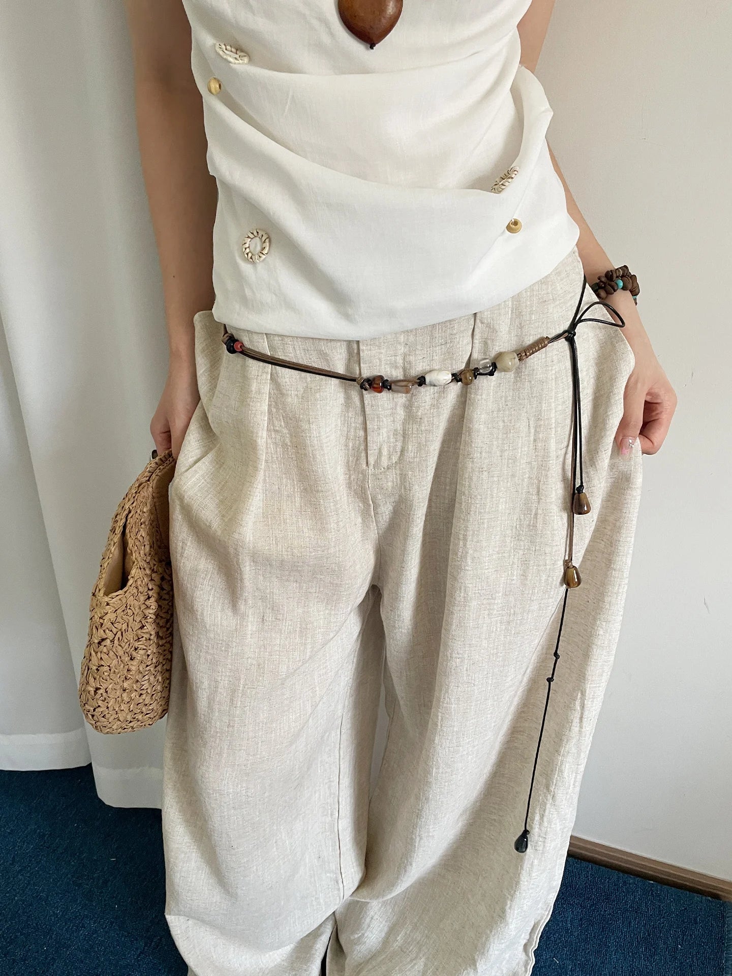 Wooden Bead Artisanal Hand-Woven Belt Versatile For Dresses Jeans And Women's Slenderizing Waist Rope