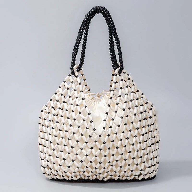 Simple Casual Handwoven Wooden Bead Handheld Women's Shoulder Bags Bucket Bag
