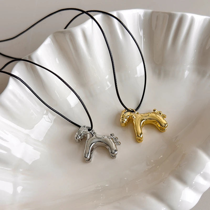 Funny Cartoon Colorful Horse Pendant Necklace for Women Adjustable Black Wax Rope Long Sweater Chain Accessories Fashion Jewelry