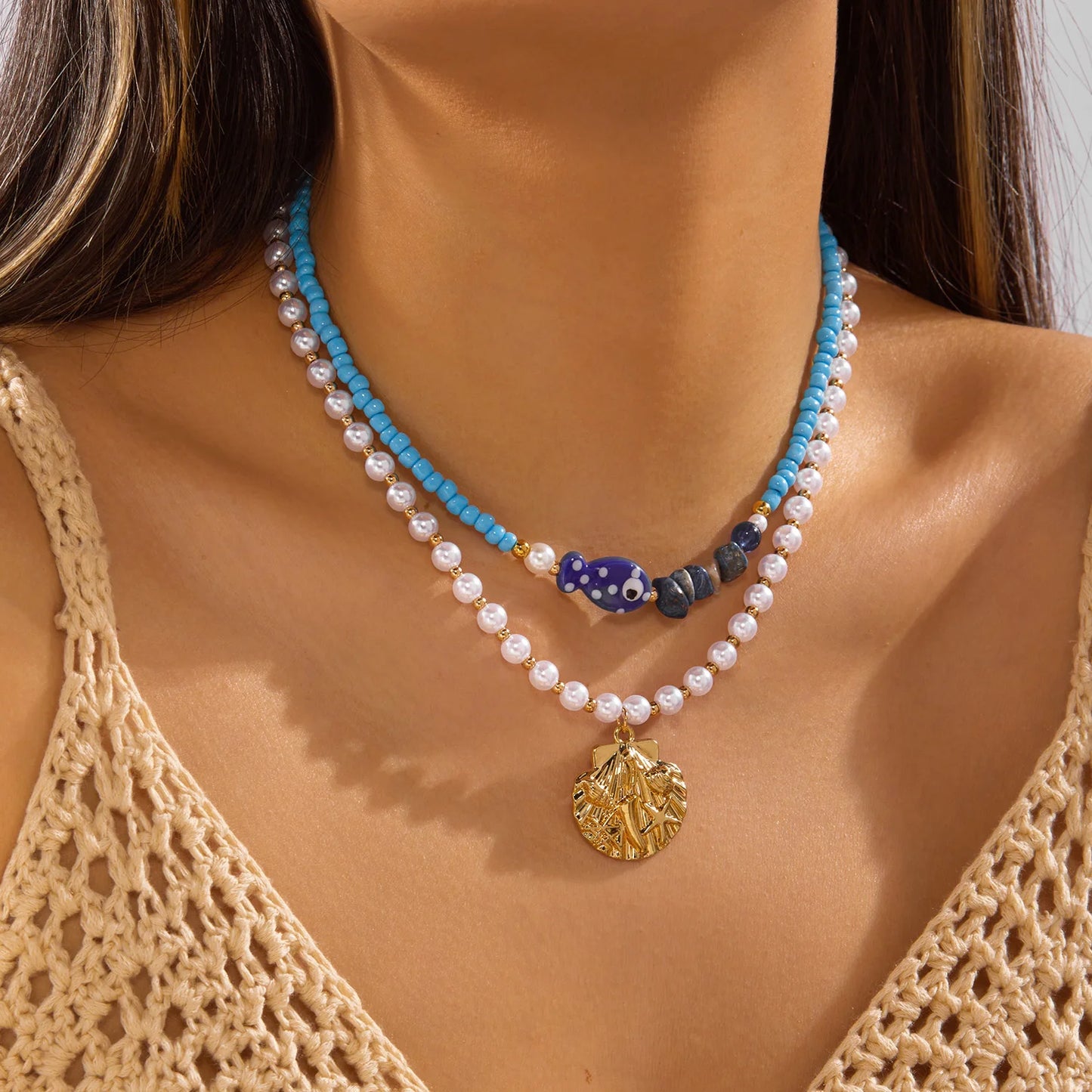 2Pcs/Set Vacation Fish Shell Stone Faux Pearl Beaded Necklace Summer Beach Boho Layered Choker Jewelry For Women