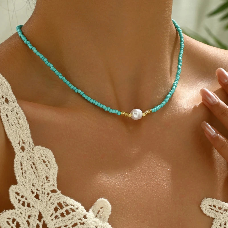 Vintage Bohemian Style Woven Rice Beads Beaded Necklace Women's Fashion Chain