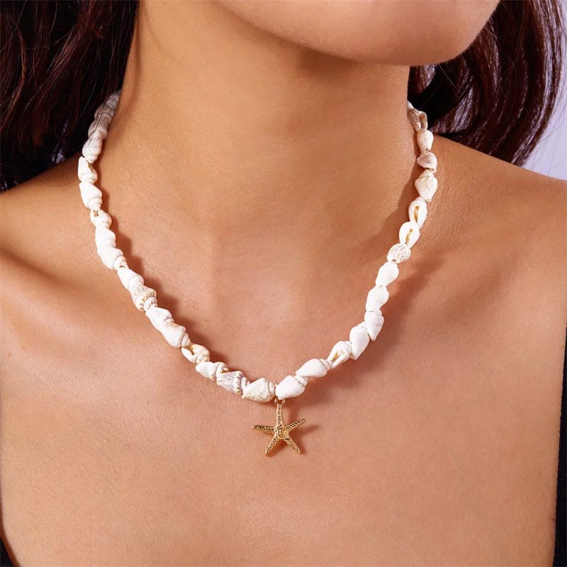 Summer Beach Style Shell Starfish Pendant Necklace for Women Handmade Seashell Conch Beaded Choker Necklace Boho Party Jewelry
