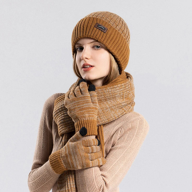 Xinbaoguan 100% acrylic 8397 winter hat, gloves, scarf three piece set, outdoor velvet warm ear protection, knitted yarn hat