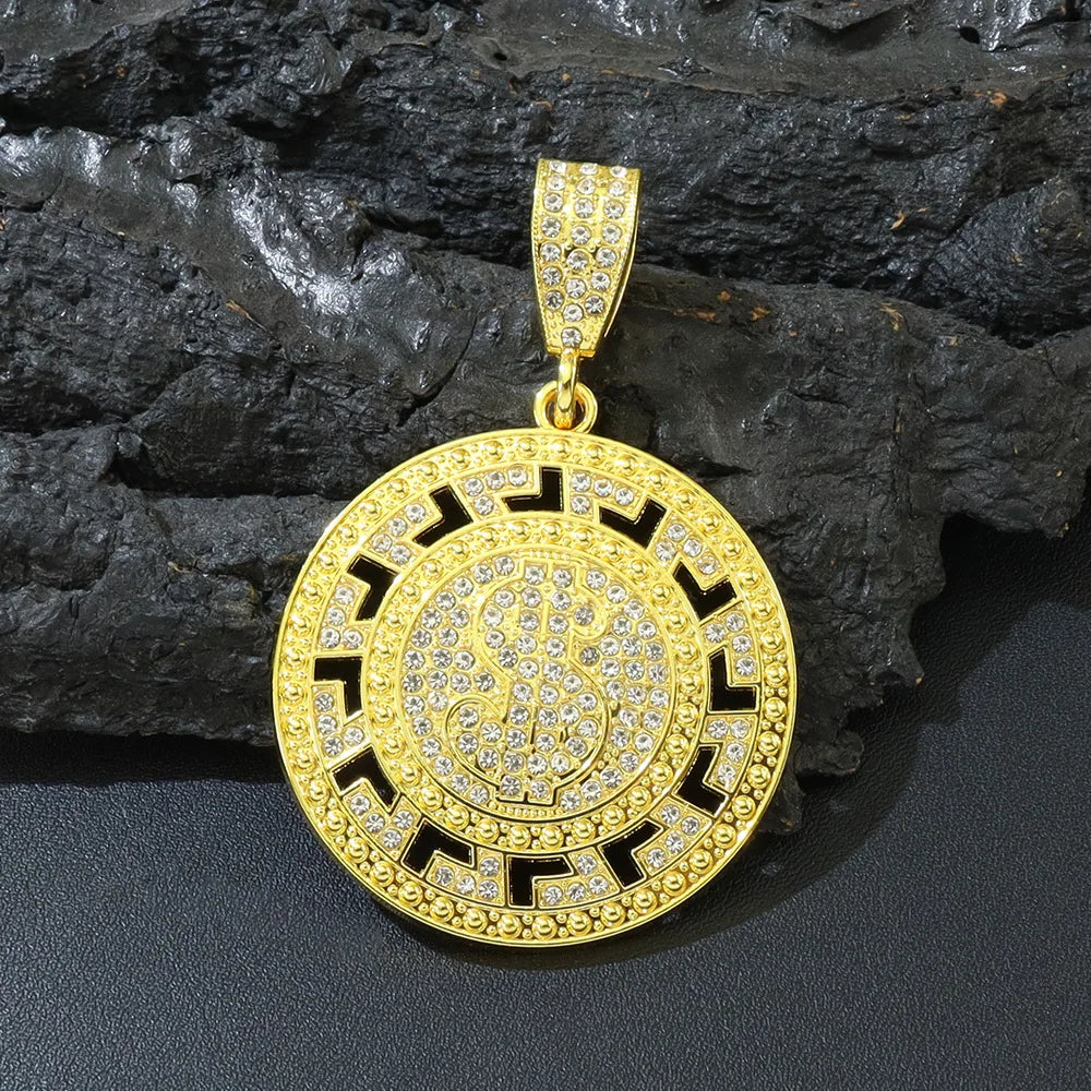 New Men Hip Hop Round US Dollar Money Sign Pendant Necklace With 4mm Tennis Chain Good Luck Necklace Hiphop Couple Gifts Jewelry