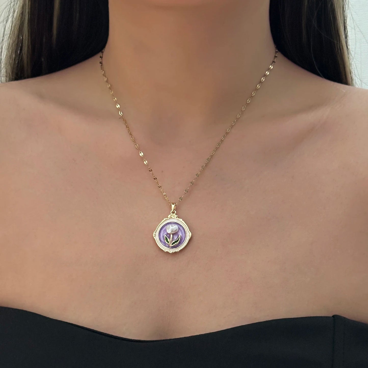 Vintage Purple Enamel Flower Gold Tone Necklace for Women Dainty Floral Pendant Chain Delicate Layered Jewelry Gift