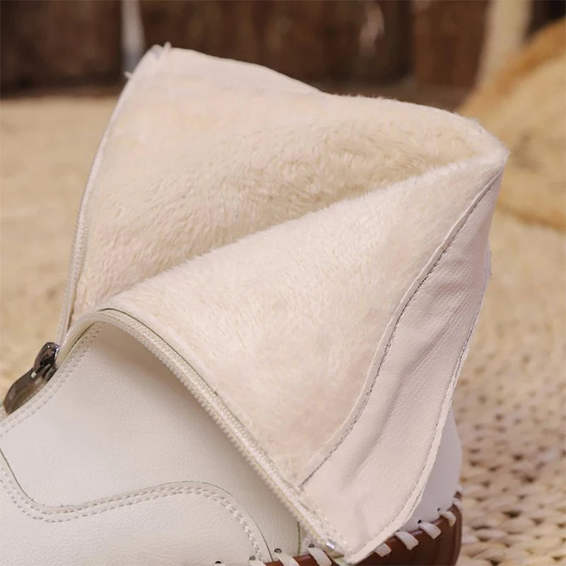 Vintage Pu Leather Mid-Calf Boots Women Winter Thick Warm Short Plush Boots Woman Zipper Flat Heel Beige Black Botas Mujer