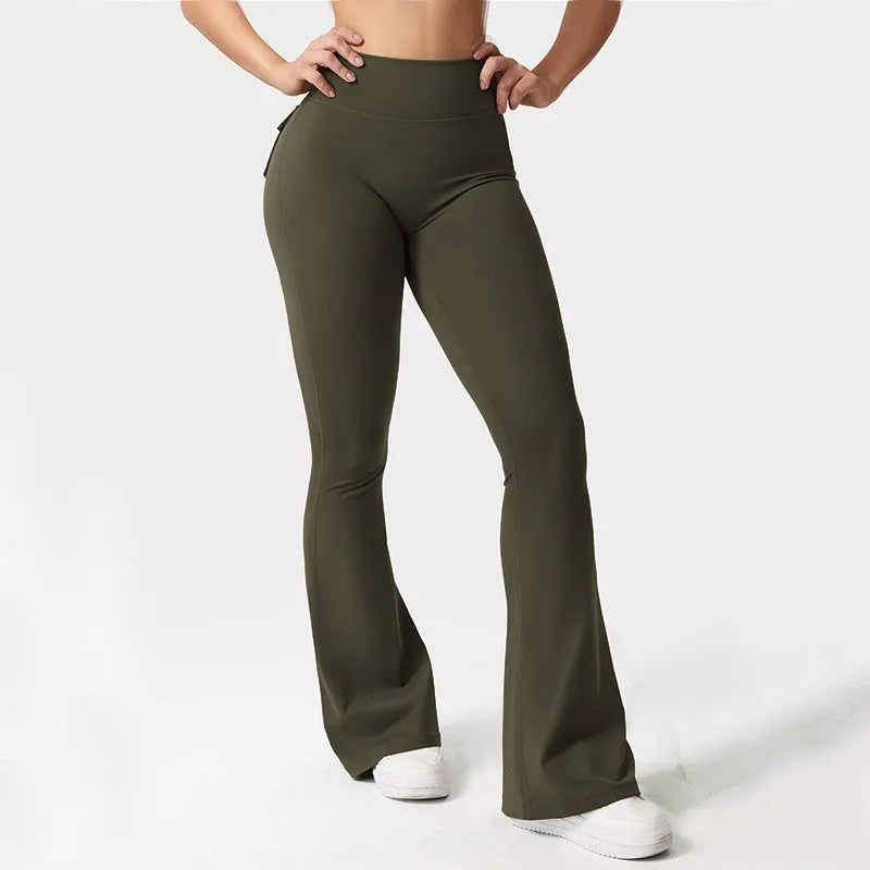 Women's High Waisted Relaxed Flare Wide Leg Fitness Yoga Cargo Pants With Pockets