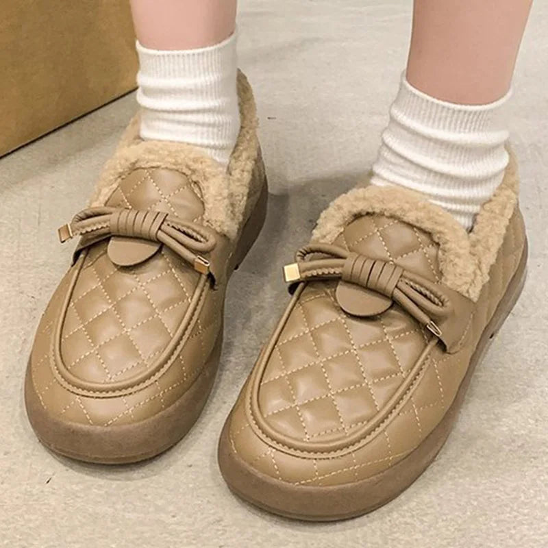 Pu Leather Snow Boots for Women 2025 Winter Korean Bowknot Detor Plush Booties for Woman Non Slip Keep Warm Snow Boots Lady