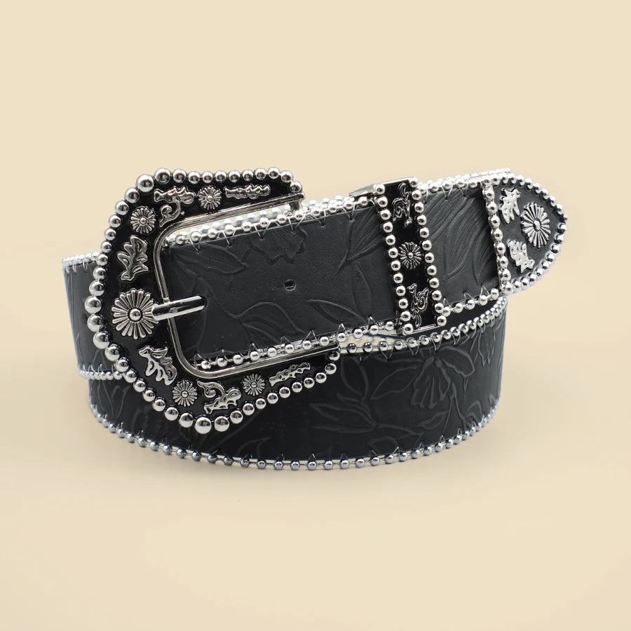 Bohemian Women's Belt with Metal Bead Accents - Vintage Carved Buckle & Leaf-Engraved Chain Detailing for Casual Elegance