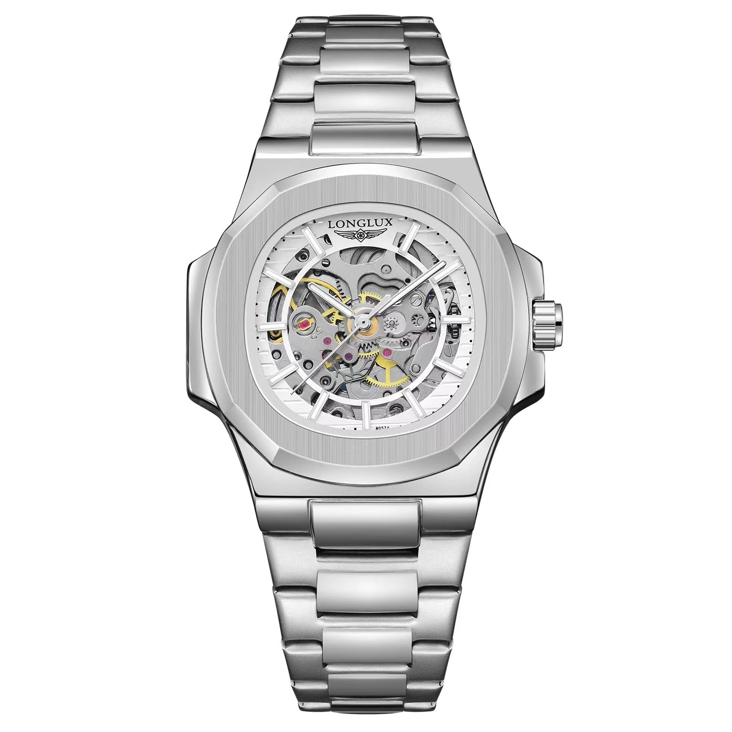 Silver LONGLUX Men automatic mechanical watch luxury waterproof skeleton Watches