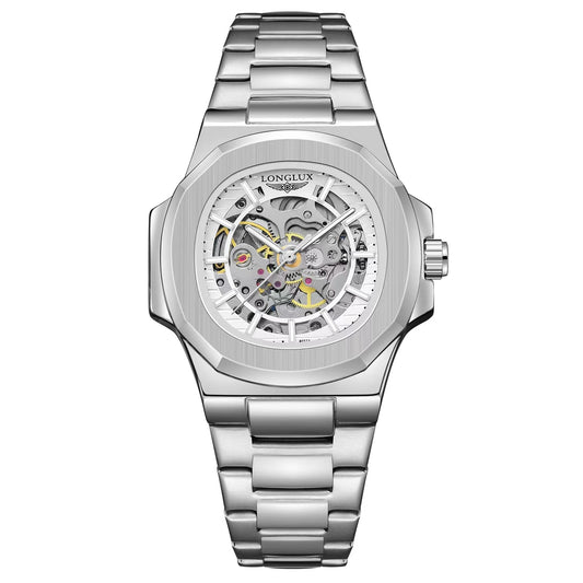 Silver LONGLUX Men automatic mechanical watch luxury waterproof skeleton Watches