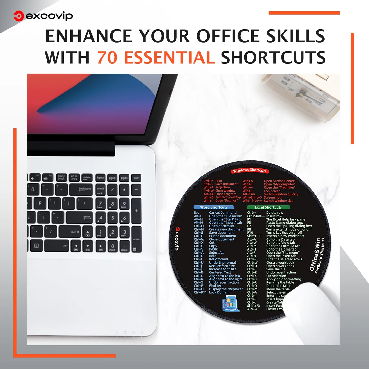 EXCO Shortcuts Mouse Pad for Excel Windows Round Office Mousepad Small with Stitched Edge Non-Slip Rubber Base for Laptop Home