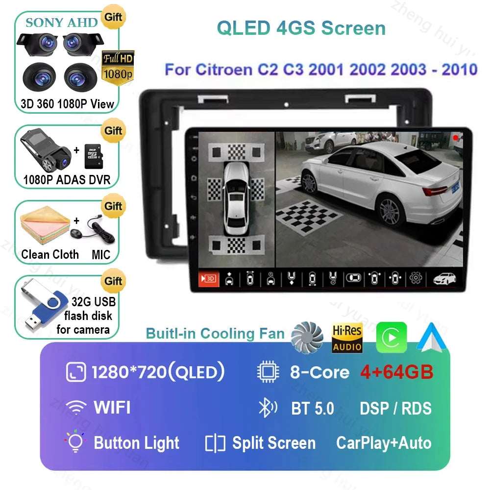 Android 16 CarPlay Auto Car Radio Multimedia navigation video Autoradio Stereo For Citroen C2 C3 2001 2002 2003 - 2010