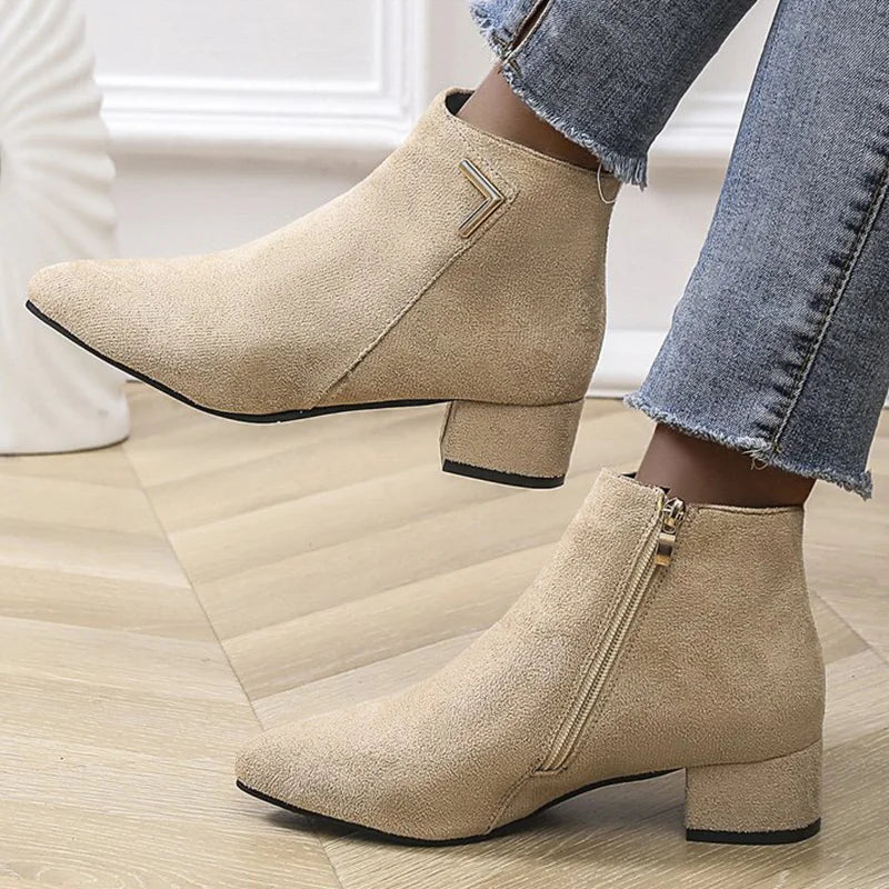 Spring Autumn Fashion Faux Suede Ankle Boots Women Solid Color Zipper Boots Woman Metal Decoration Pointed Toe Botas Lady