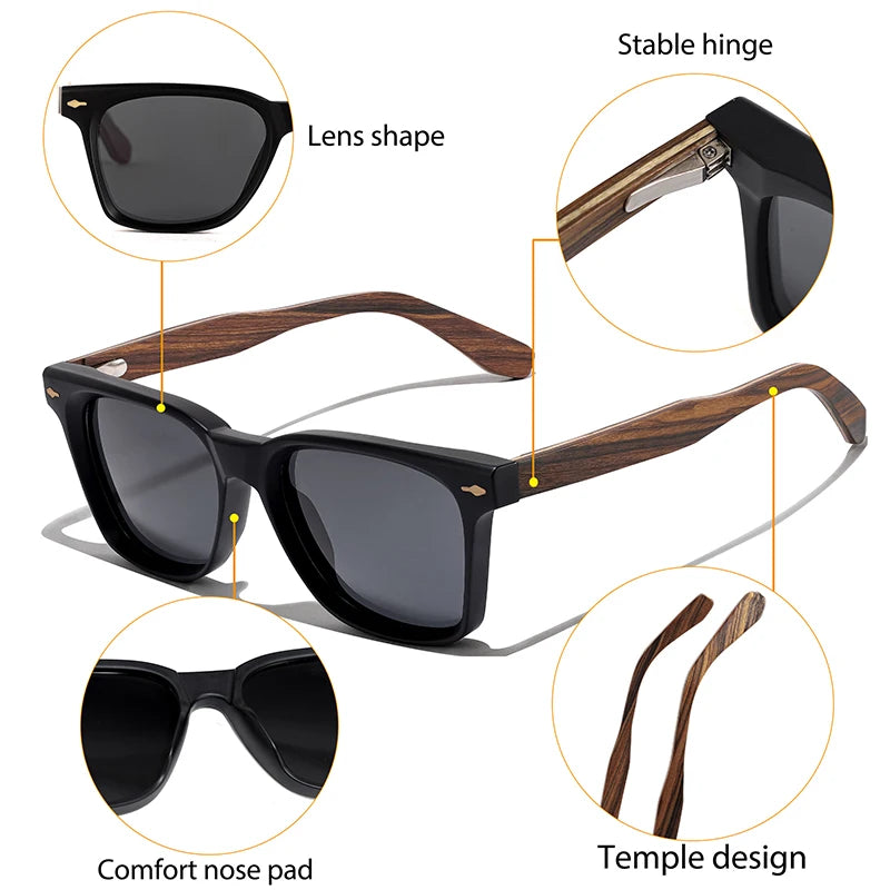 CATERSIDE Vintage Men Polarized Sunglasses High-Quality Solid Wood Legs Sun Glasses Fashion Women Party Travel Holiday Glasses