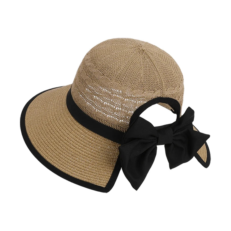 8484Summer hat girls' versatile bow-tied ponytail hole large eaves straw hat, outdoor outing sun hat