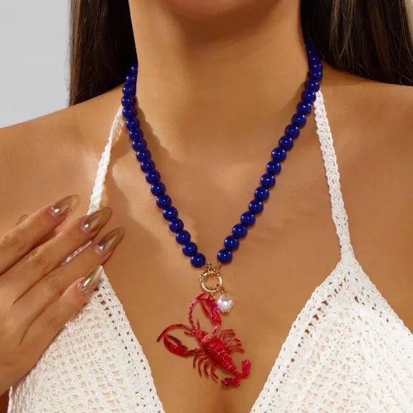 Funny Lobster Jewelry Set Beaded Necklace Dangle Earrings for Women Cute Ocean Animal Boho Beach Vacation Accessories
