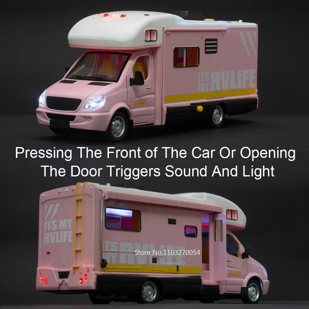 1/32 Tourist RV Model Toys Car Alloy Diecast Vehicle Doors Opened Metal Body Rubber Tire Sound Light Pull Back Toy Gift for Kids