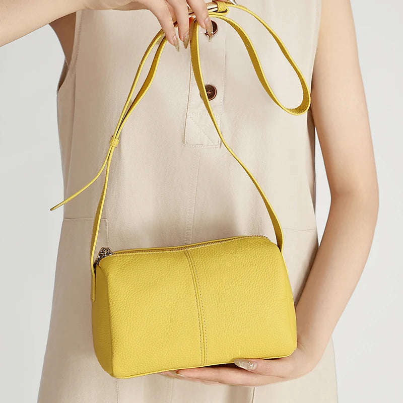 Genuine Leather Mini Crossbody Bag for Women Simple Pebbled Leather Shoulder Bag Casual Daily Small Satchels Handbag with Zipper