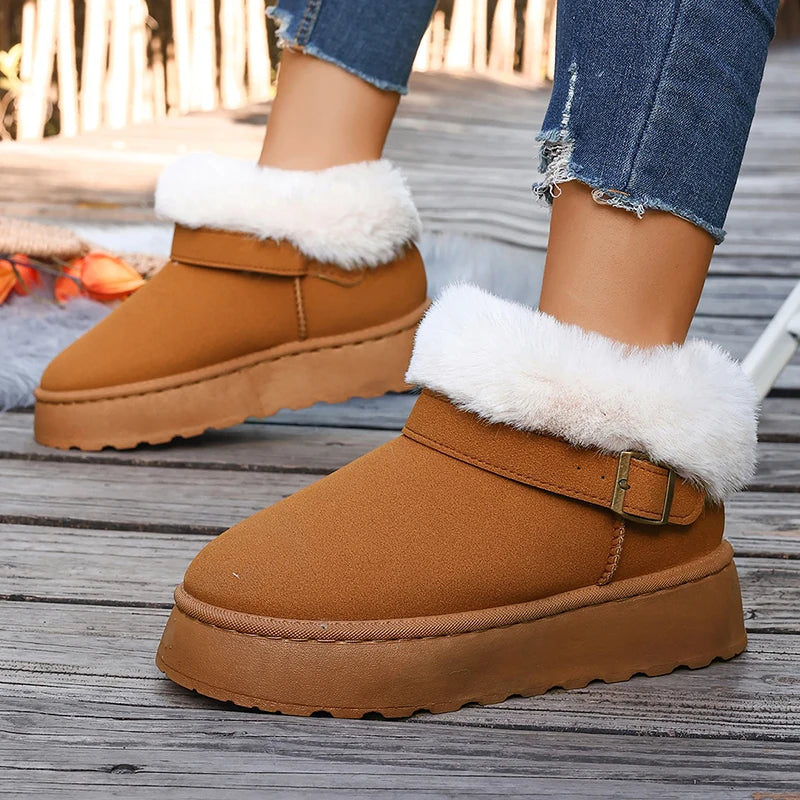 Fluffy Fur Platform Snow Boots Women 2025 Fashion Buckle Short Plush Ankle Boots Woman Comfortable Thick Sole Warm Winter Shoes