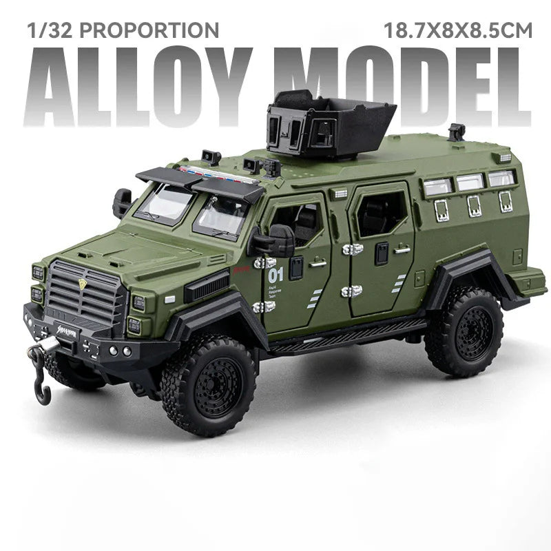 1:32 Alloy Sabertooth Armored Model Toys Diecast Metal Car Pull Back Police Car with Light Music Vehicle for Toddler Kids Gifts