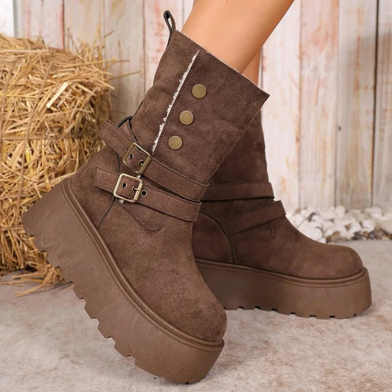 Brown Chunky Platform Women's Snow Boots Winter Retro Button Buckle Detor Snow Boots Woman Faux Suede Keep Warm Botas Mujer
