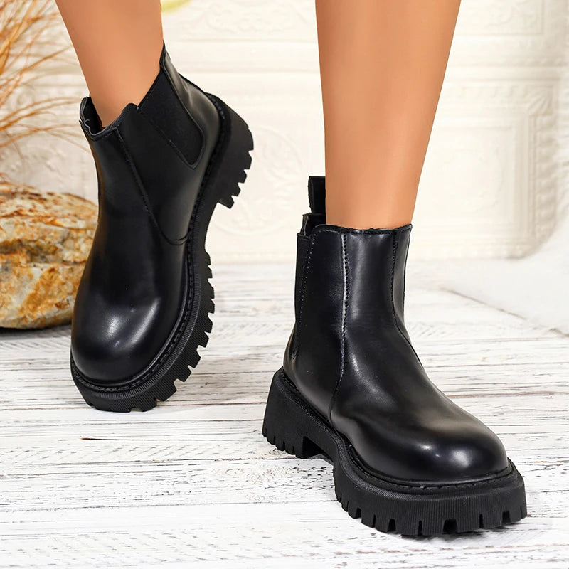 Pu Leather Platform Chelsea Boots Women Fashion Plus Size 42 Slip On Ankle Boots Woman Non Slip Thick Sole Short Booties Mujer