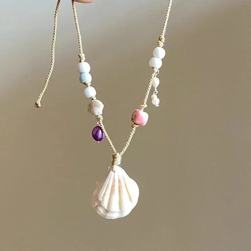 Summer Beach Shell Starfish Pendant Necklace for Women Girls Elegant Imitation Pearl Clavicle Chain Vacation Jewelry Accessories