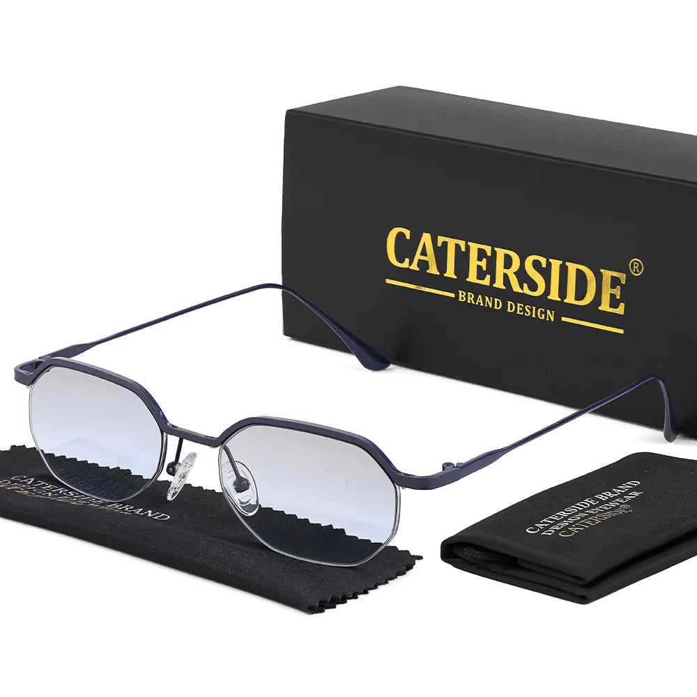 CATERSIDE Retro Polygon Sunglasses Men Metal Semi Rimless Sun Glasses Uv400 Women Outdoor Protection Driving Decorative Eyewear