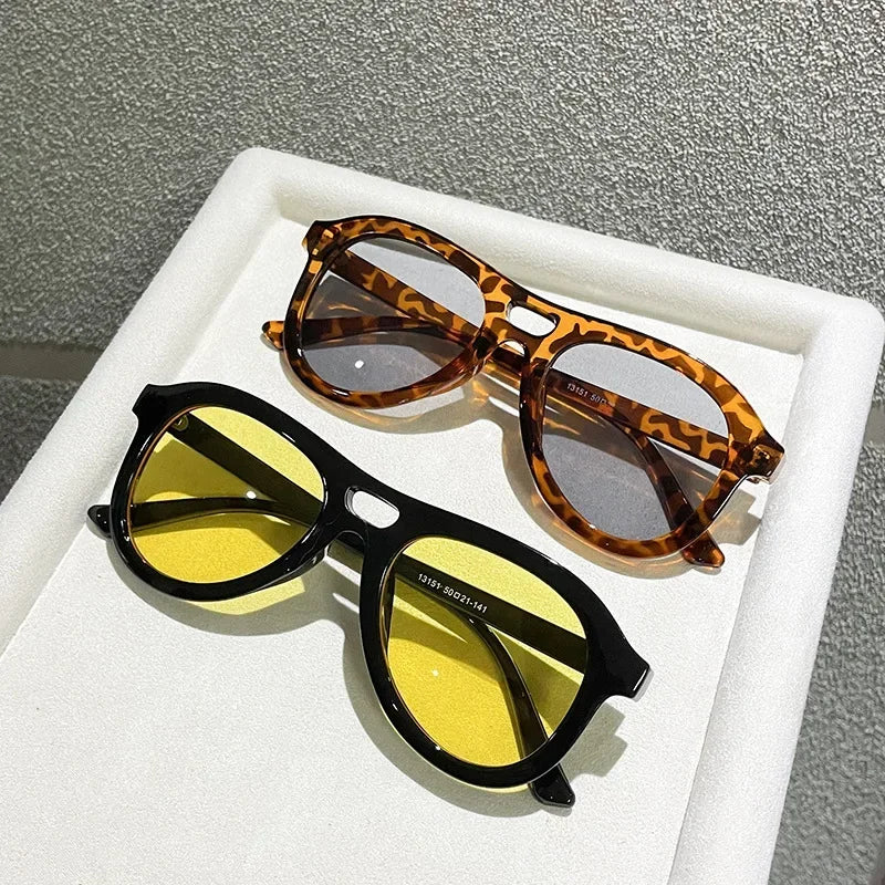 JNPCXI Vintage Double Bridges Pilot Men Sunglasses Fashion Shades UV400 Women Tea Sun Glasses