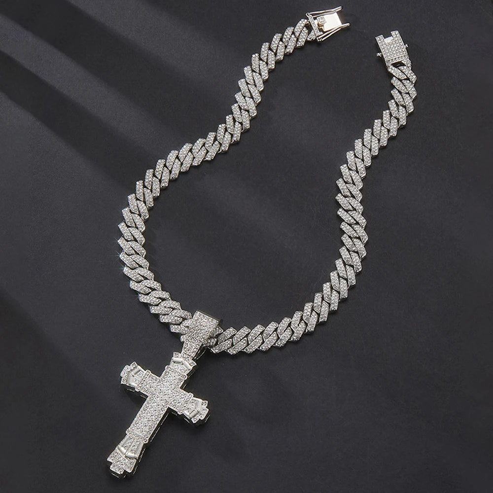 Men Women Shiny Cross Pendant Necklace With Miami Cuban Chain Link Hip Hop Iced Out Bling Fashion Exquisite Charm Jewelry Gift