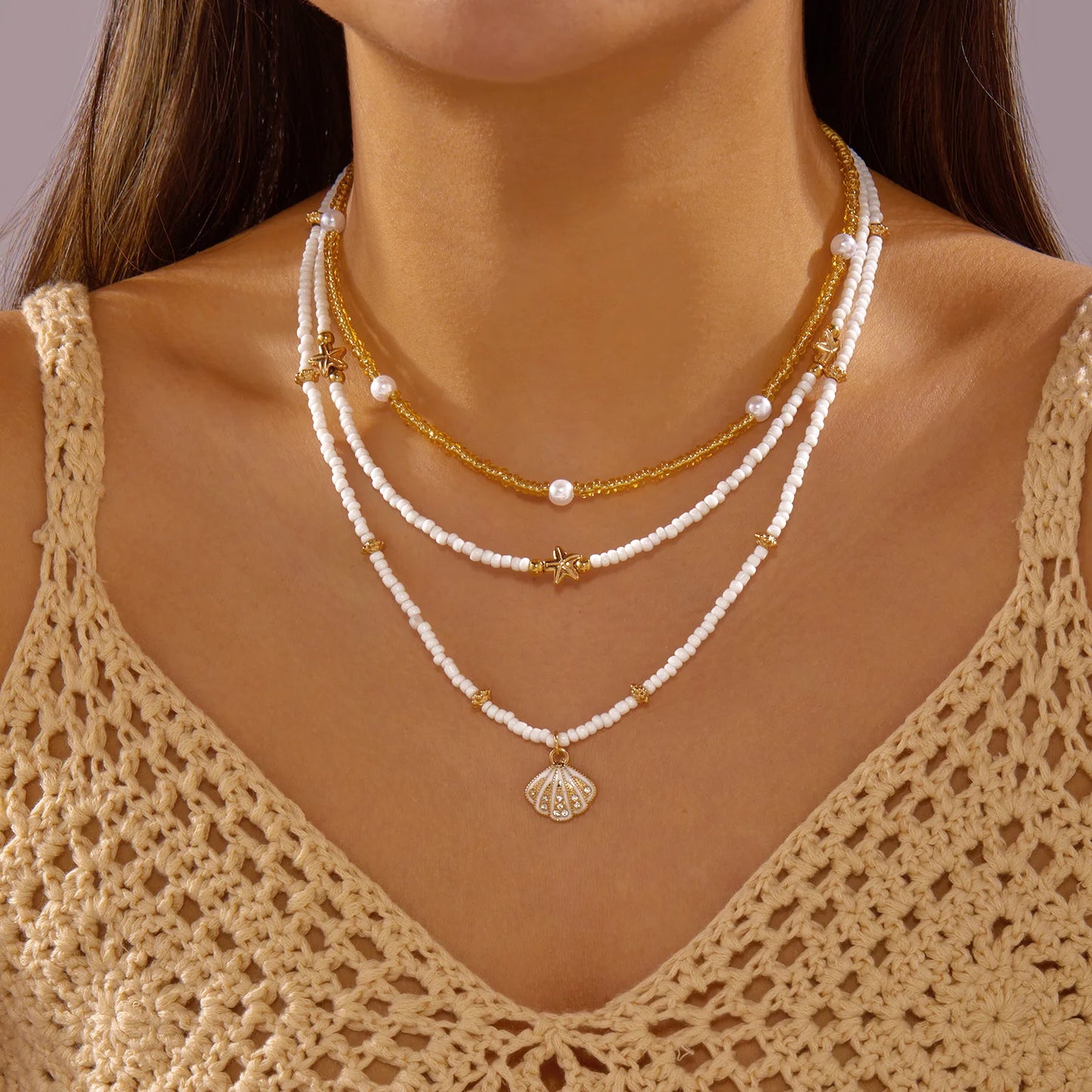 Summer Beach Layered Beaded Necklace Set Shell Starfish Pendant Choker Boho Vacation Jewelry 3Pcs