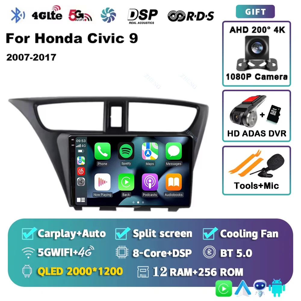 Carplay Android 14 Car Radio for Honda CIVIC 9 2011-2017 Qualcomm mulitmedia Video player Autoradio GSP Navigation Stereo screen