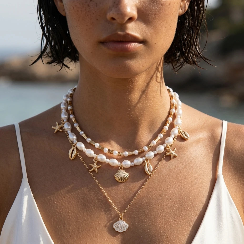 Layered Simulated Pearl Starfish Shell Necklace Summer Beach Boho Choker Jewelry For Women