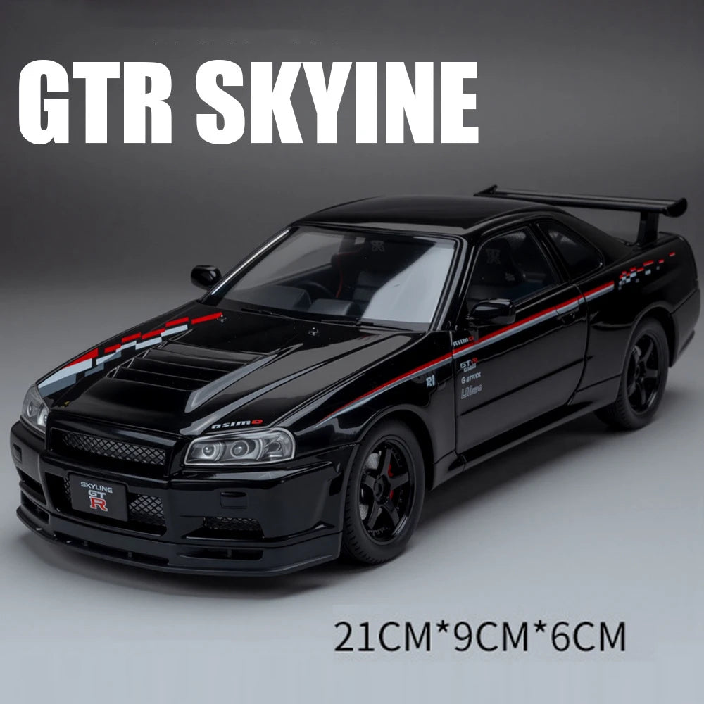1:24 GTR-R34 SKYLINE Diecast Alloy Models Toys Car with Pull Back Doors Opened rubber tires Miniature Sportscar Collecting Hobby