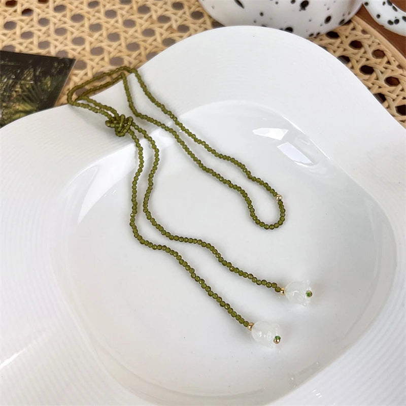 New Elegant Lily of The Valley Pendant Necklace Women Green Crystal Beads Sweater Chain Long Necklace Fashion Jewelry Collares