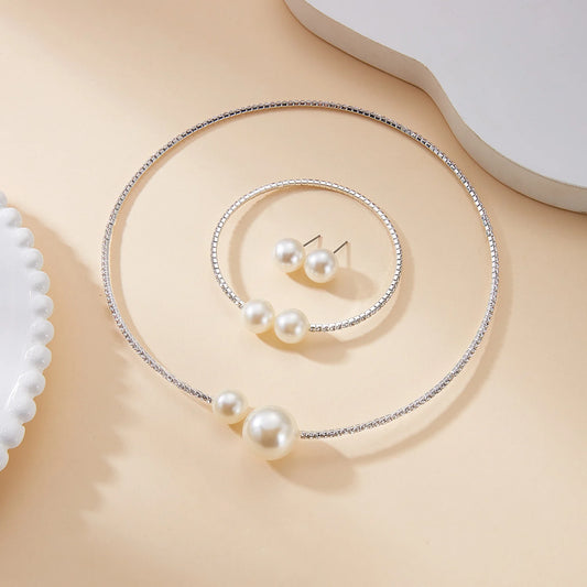 Luxury Pearl Rhinestone Choker Necklace & Bracelet Set for Women Elegant Silver Color Collar Bridal Wedding Jewelry Accessories