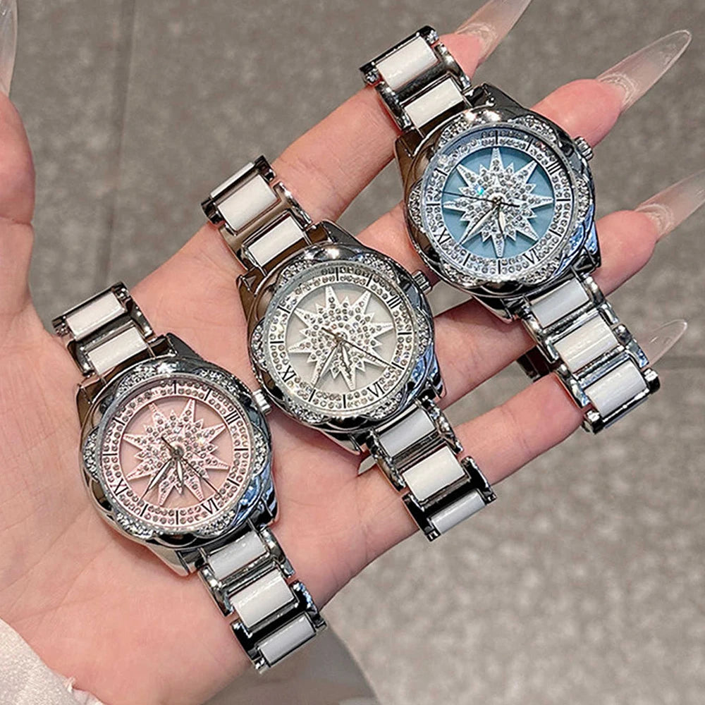 Ladies Watch Luxury Rotate Diamond Dial Wristwatch Waterproof Fashionable Elegant High End Temperament Round Woman Watches