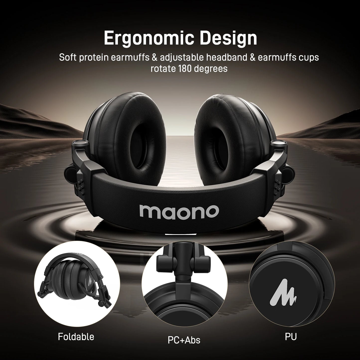 Maono MH601 Wired Headphones Professional Studio Monitor Headphones with Detachable Plug & Cable 50mm Driver for DJ Gaming