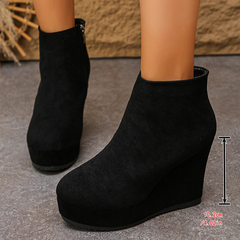 Black Wedge High Heel Ankle Boots Women Faux Suede Chunky Platform Boots Woman 2025 Plus Size 35-42 Zipper Short Booties Mujer