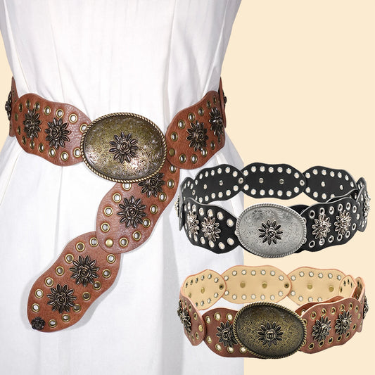 Vintage Western Women's Belt - Oversized Metal Conchos with Cut-Out Design, Wide Cowboy Style Fashion Accessory