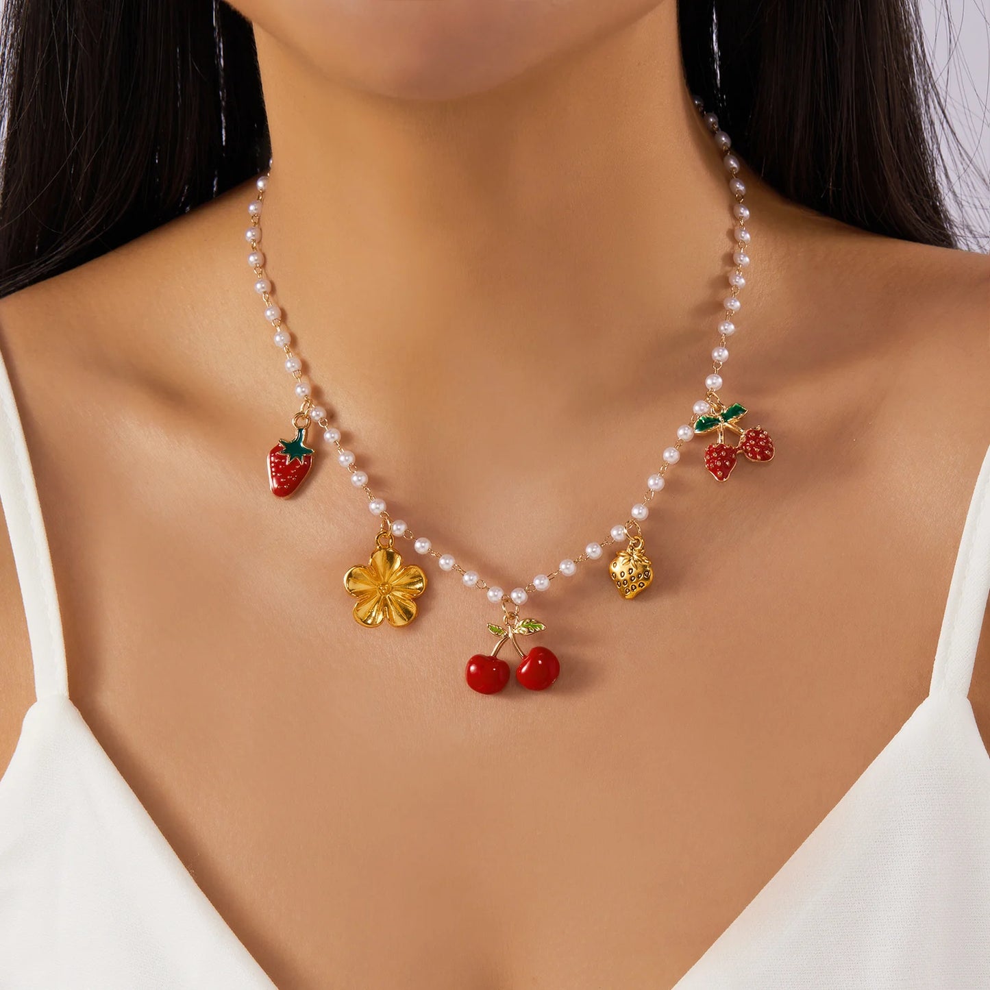 Sweet Charms Heart Cherry Strawberry Bow Multiple Pendant Necklace for Women New Trendy Cute Fruit Choker Chain Y2k Jewelry Gift
