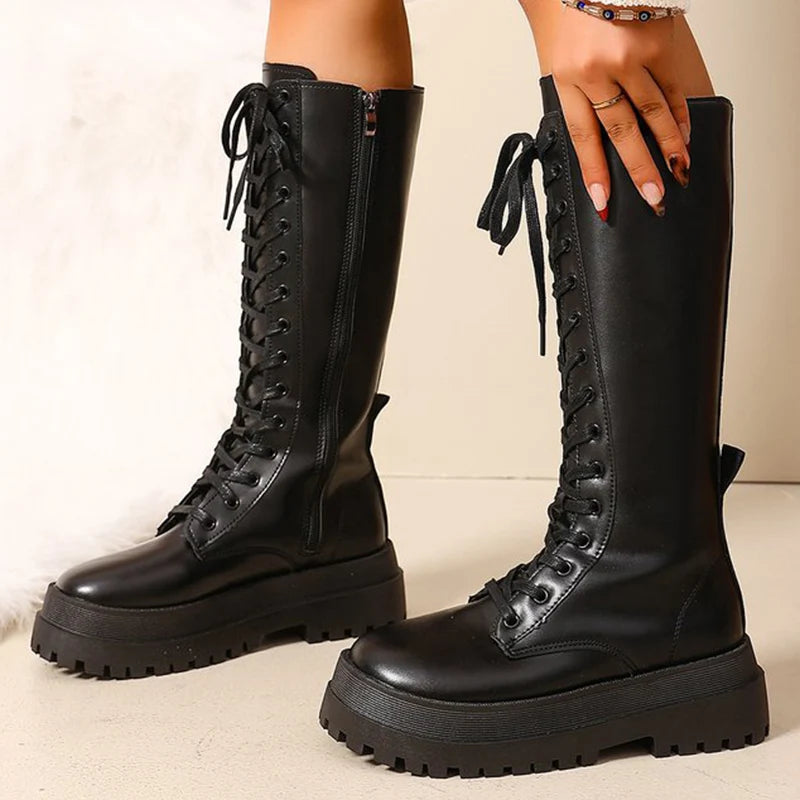 Motorcycle Thick Bottom Boots Women Spring Autumn Punk Zipper Up Knee High Boots Woman Lace Up Black Pu Leather Botas Female