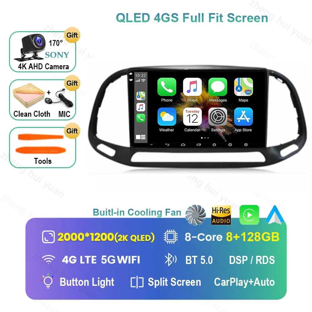 For Fiat Doblo 2015 - 2018 2019 2020 Android 16 GPS WIFI 4G Carplay&Auto Car Radio Navigation QLED Multimedia Stereo Player BT