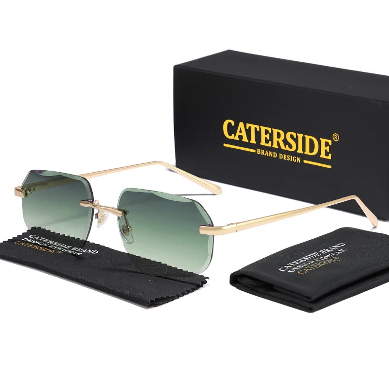 CATERSIDE Vintage Frameless Men's Sunglasses with Design Sense Lenses Metal Temple Sunglasses Women's Party Travel Sunglasses