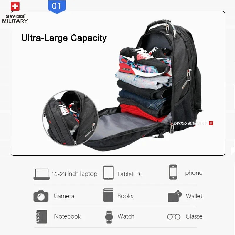 SWISS MILITARY Fashion Travel Large USB Charging Waterproof 23-inch PC Backpack