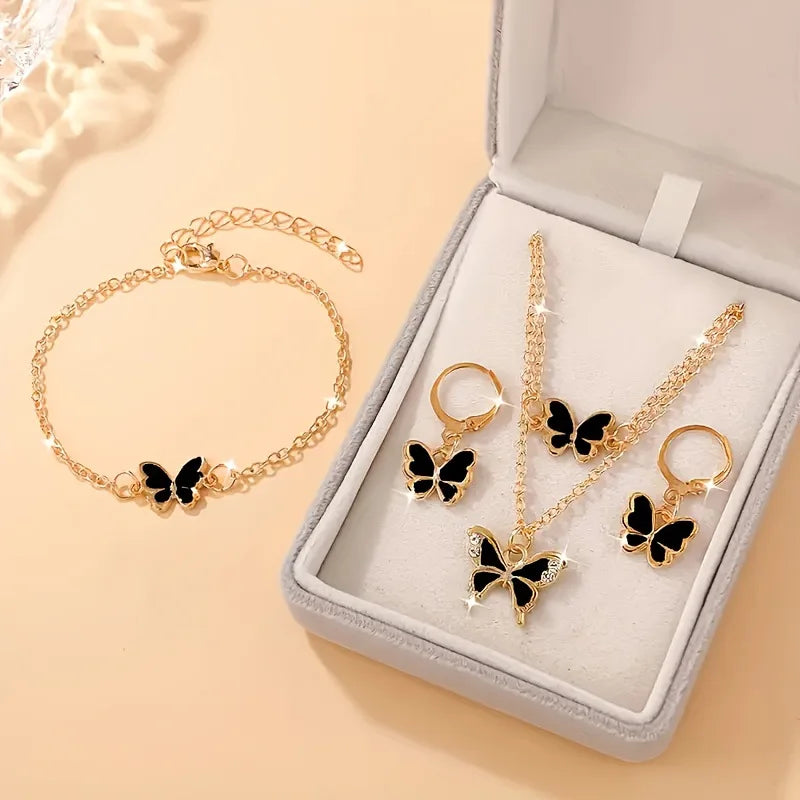 Romantic Black Butterfly Crystal Jewelry Set for Women Gold Color Necklace Earrings Bracelet Set Wedding Valentine's Day Gift