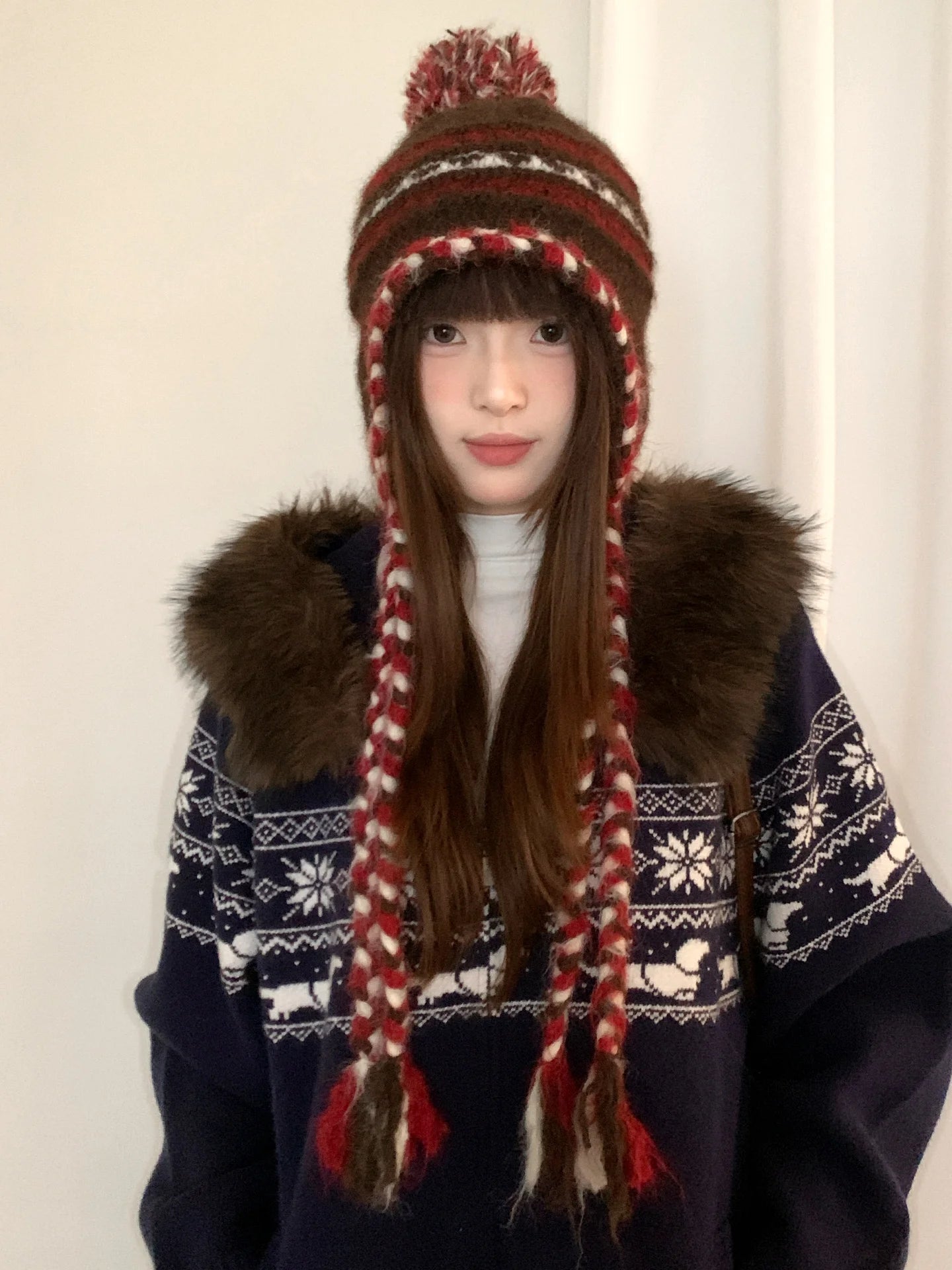 Retro Fair Lsle Colorblock Braided Wool Ball Knit Hat For Women With Wool For Winter Warm Ear Protection Lei Feng Cap