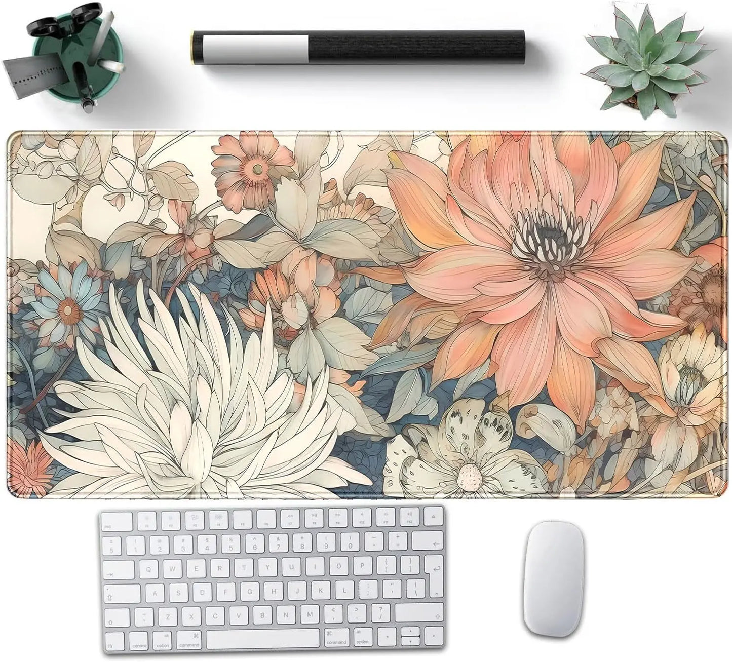 Japanese Floral Desk Mat Boho Aesthetic Flower Desk Matt for Desktop Large Gaming Mouse Pad for Deskpad Keyboard Mat Desk Decor