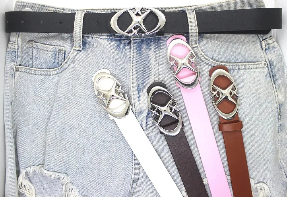 2 PC Punk Gothic Moon Star Buckle Belt PU Leather Y2K Waistband for Men Women